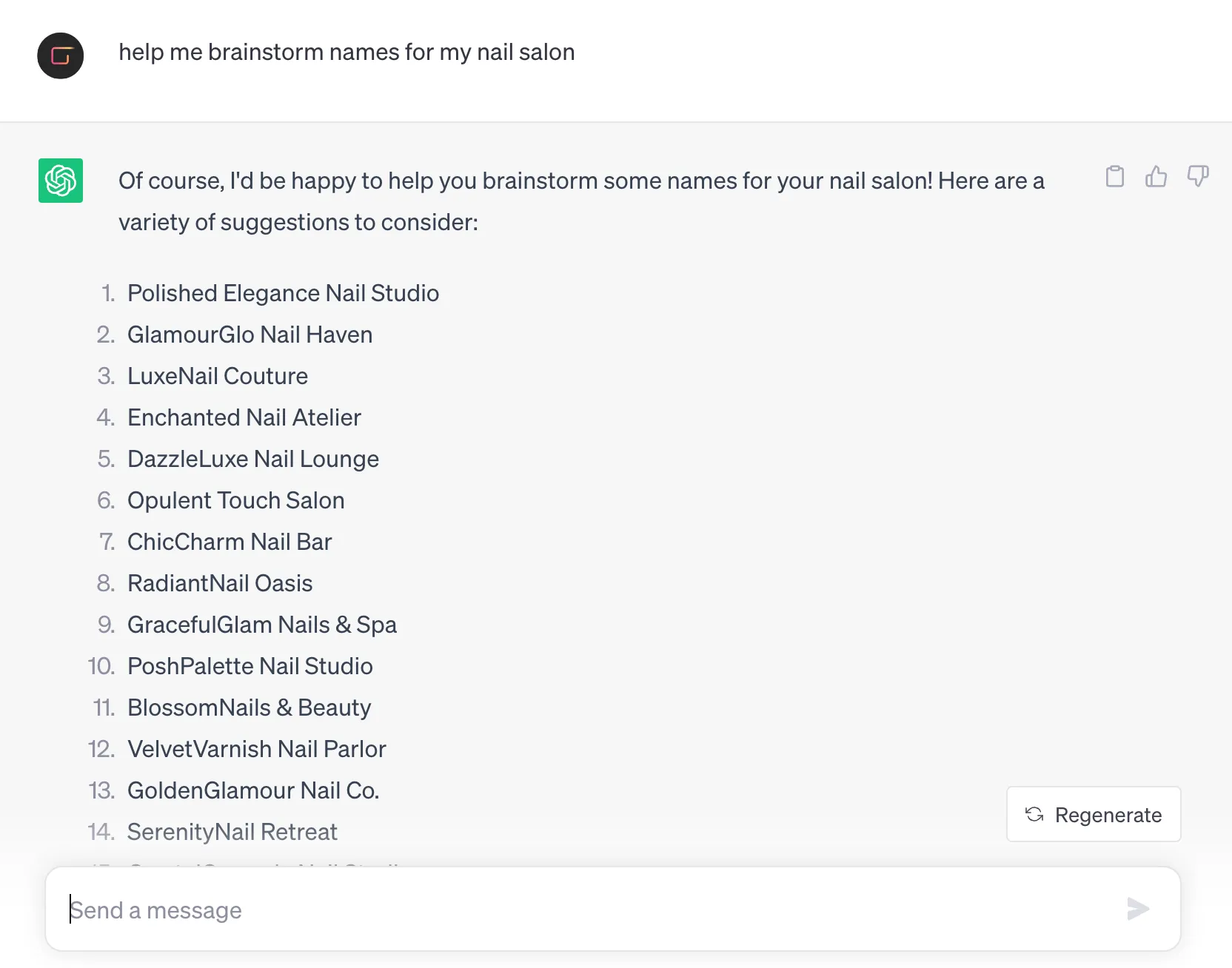 Example of Chat GPT brainstorming nail salon names.